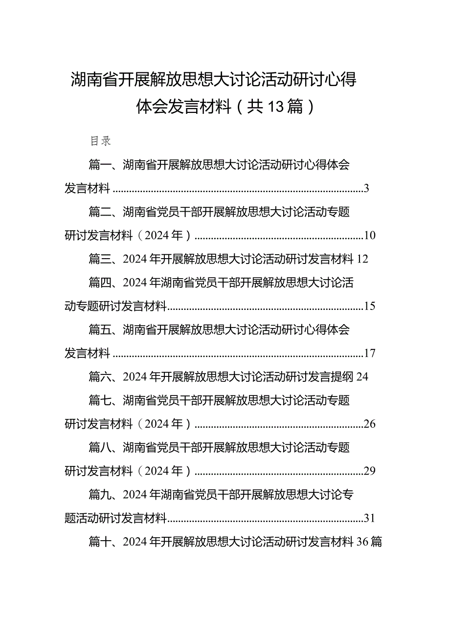 2024湖南省开展解放思想大讨论活动研讨心得体会发言材料13篇（最新版）.docx_第1页