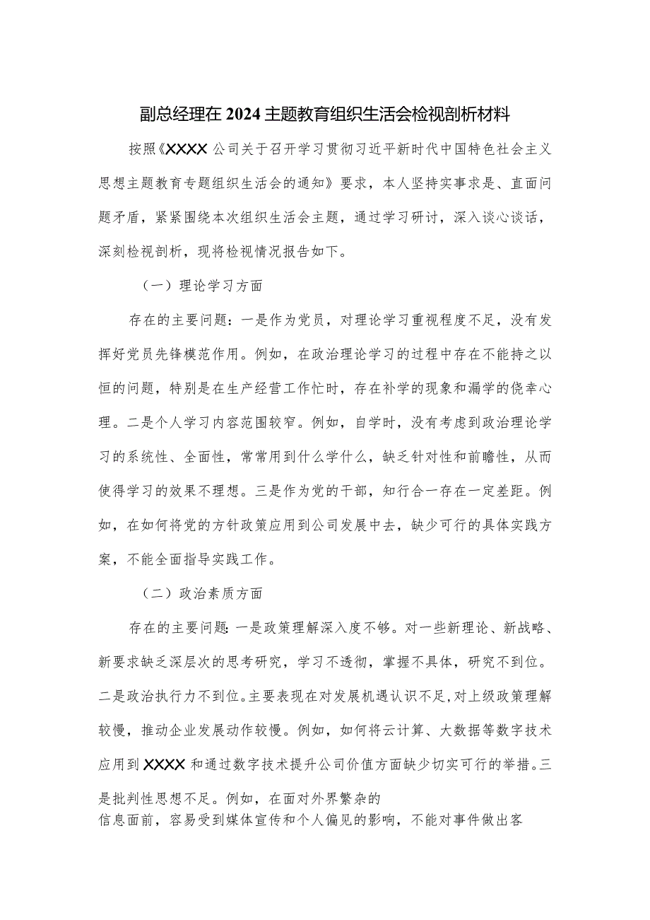 副总经理在2024主题教育组织生活会检视剖析材料.docx_第1页