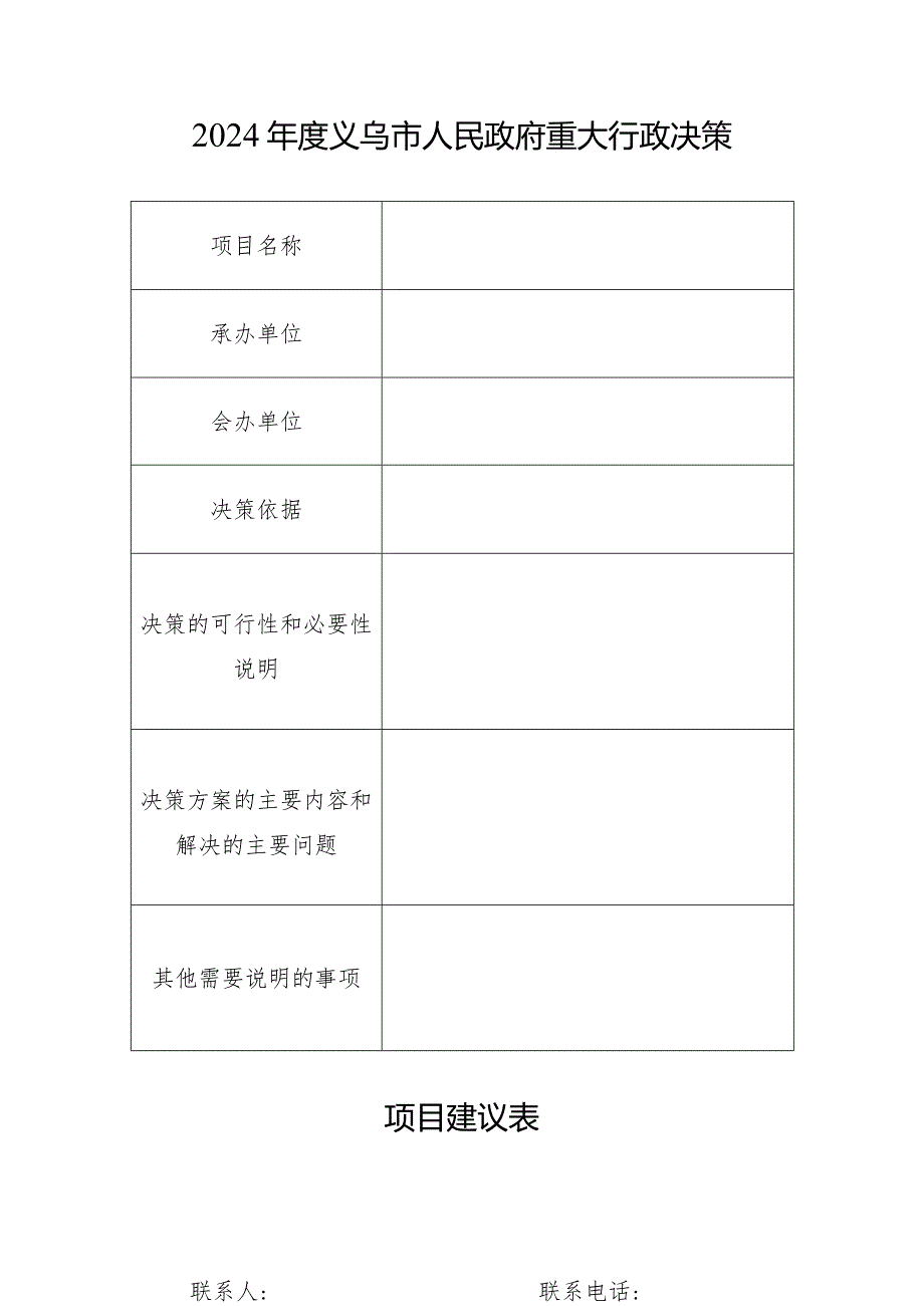 2024年度义乌市人民政府重大行政决策项目建议表.docx_第1页