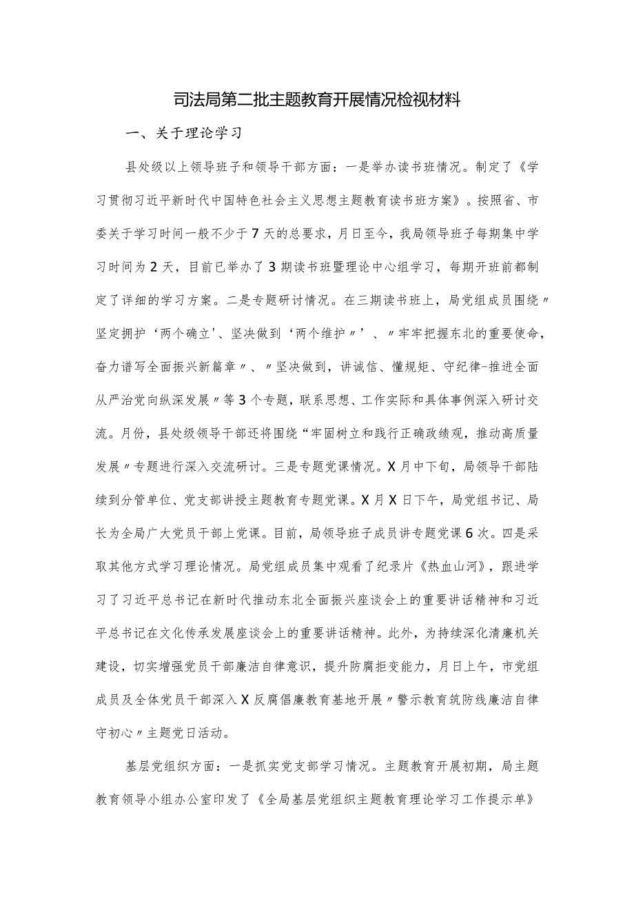 司法局第二批主题教育开展情况检视材料.docx_第1页