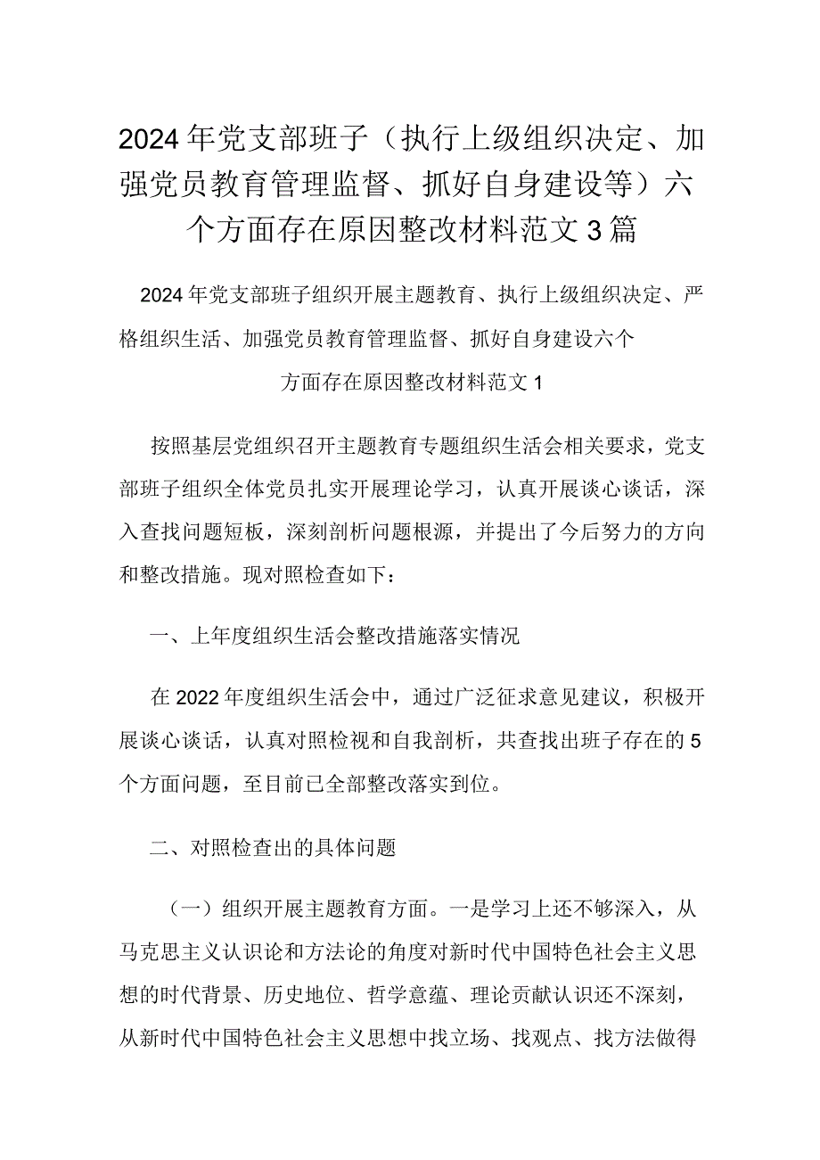 2024年党支部班子（执行上级组织决定、加强党员教育管理监督、抓好自身建设等）六个方面存在原因整改材料范文3篇.docx_第1页