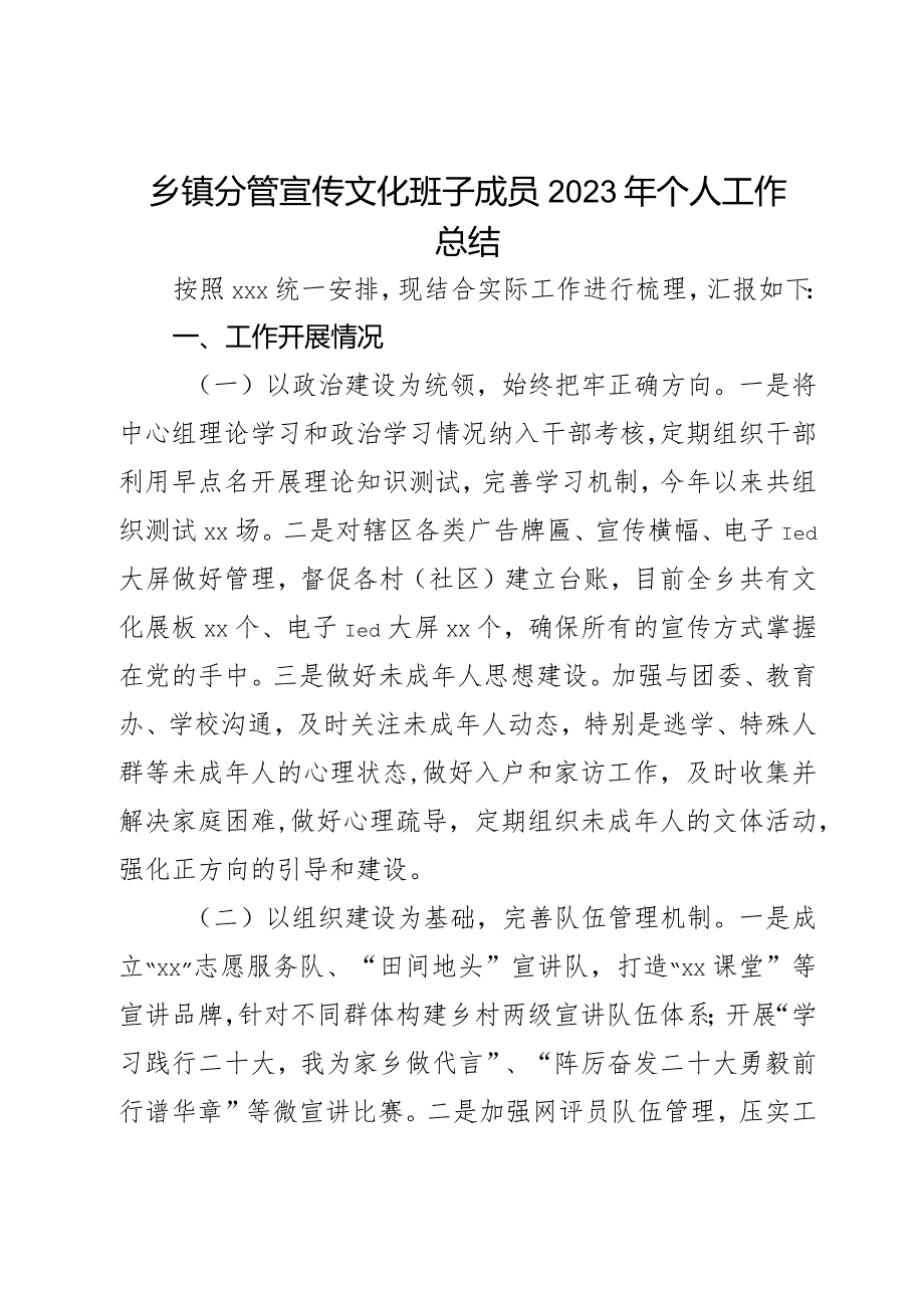 乡镇分管宣传文化班子成员2023年个人工作总结.docx_第1页