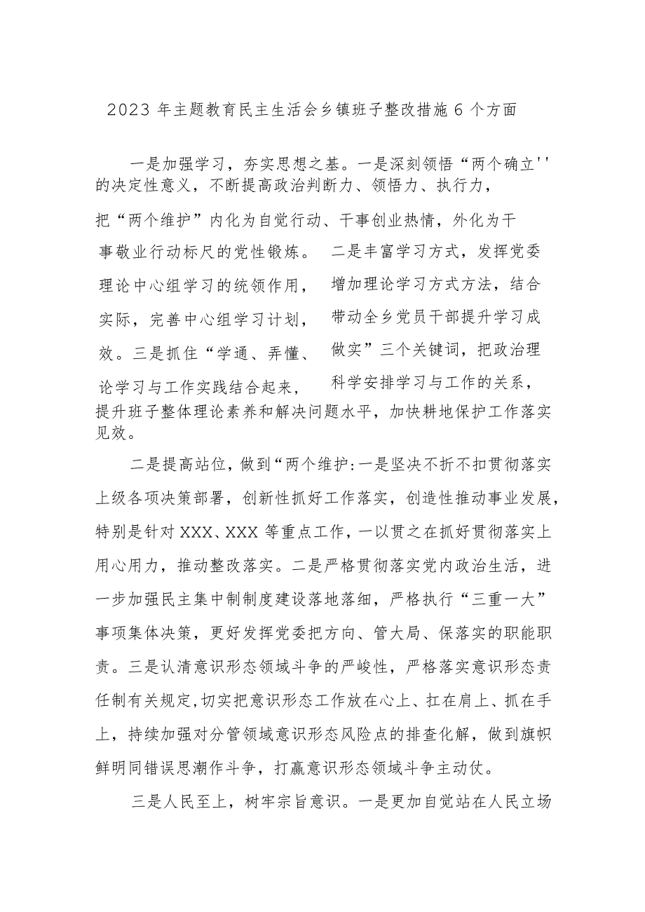 2023年主题教育民主生活会乡镇班子整改措施（6个方面）.docx_第1页