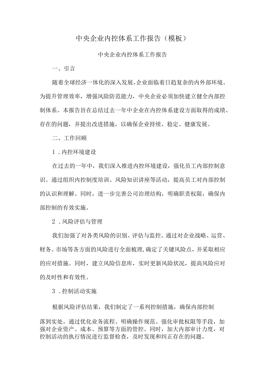 中央企业内控体系工作报告(模板).docx_第1页