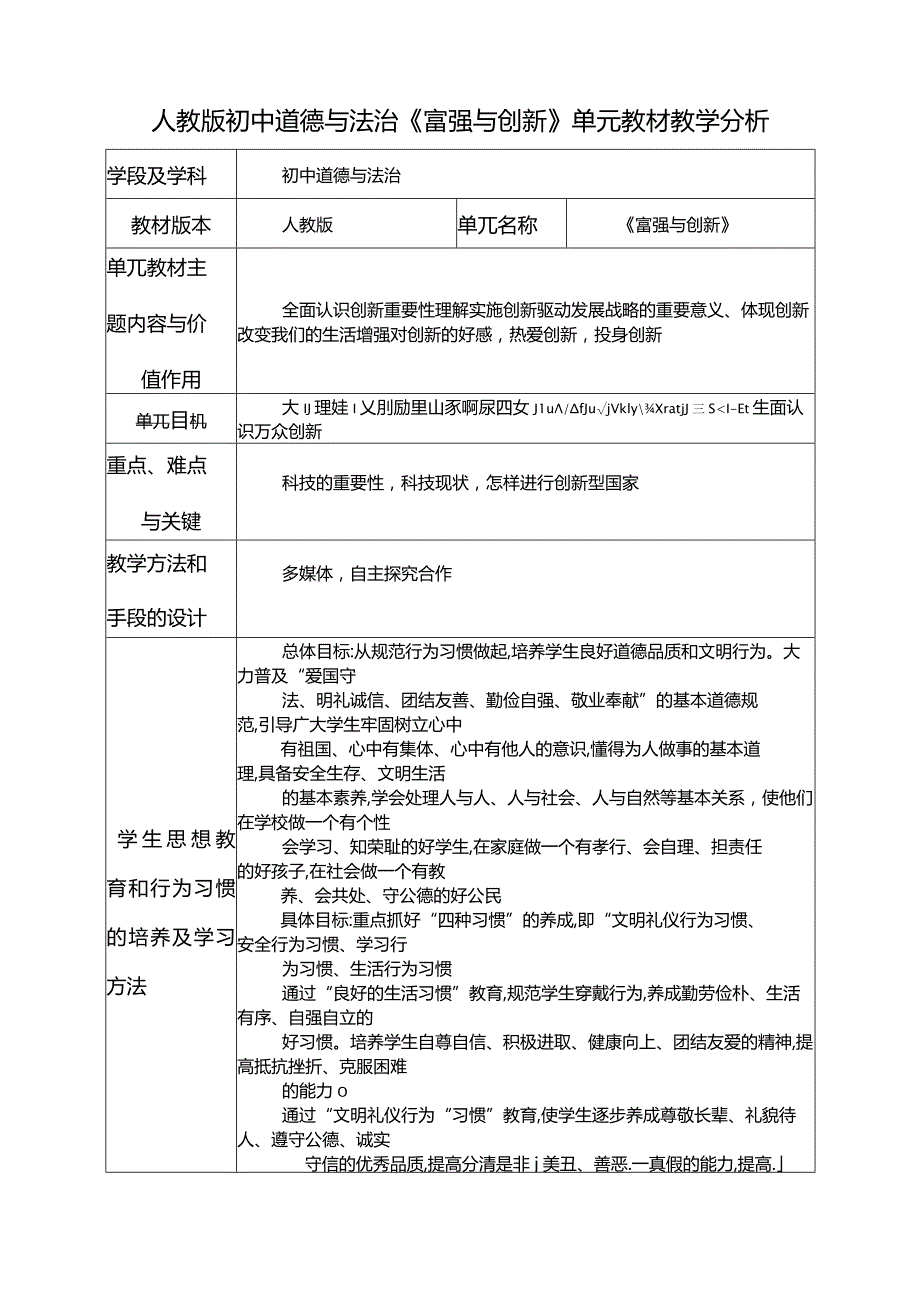 人教版初中道德与法治《富强与创新》单元教材教学分析.docx_第1页