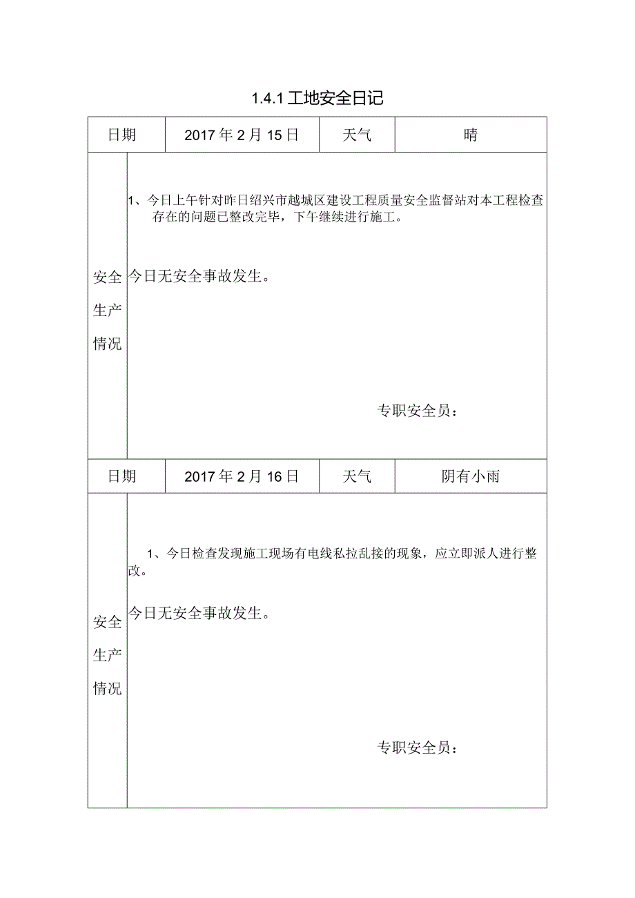 [施工资料]工地安全日记(20).docx_第1页