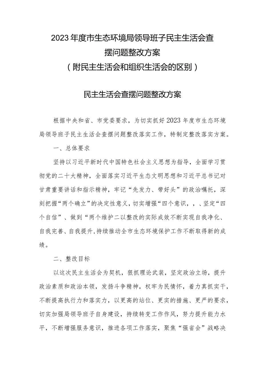 2023年度市生态环境局领导班子生活会查摆问题整改方案（附两种生活会的区别）.docx_第1页