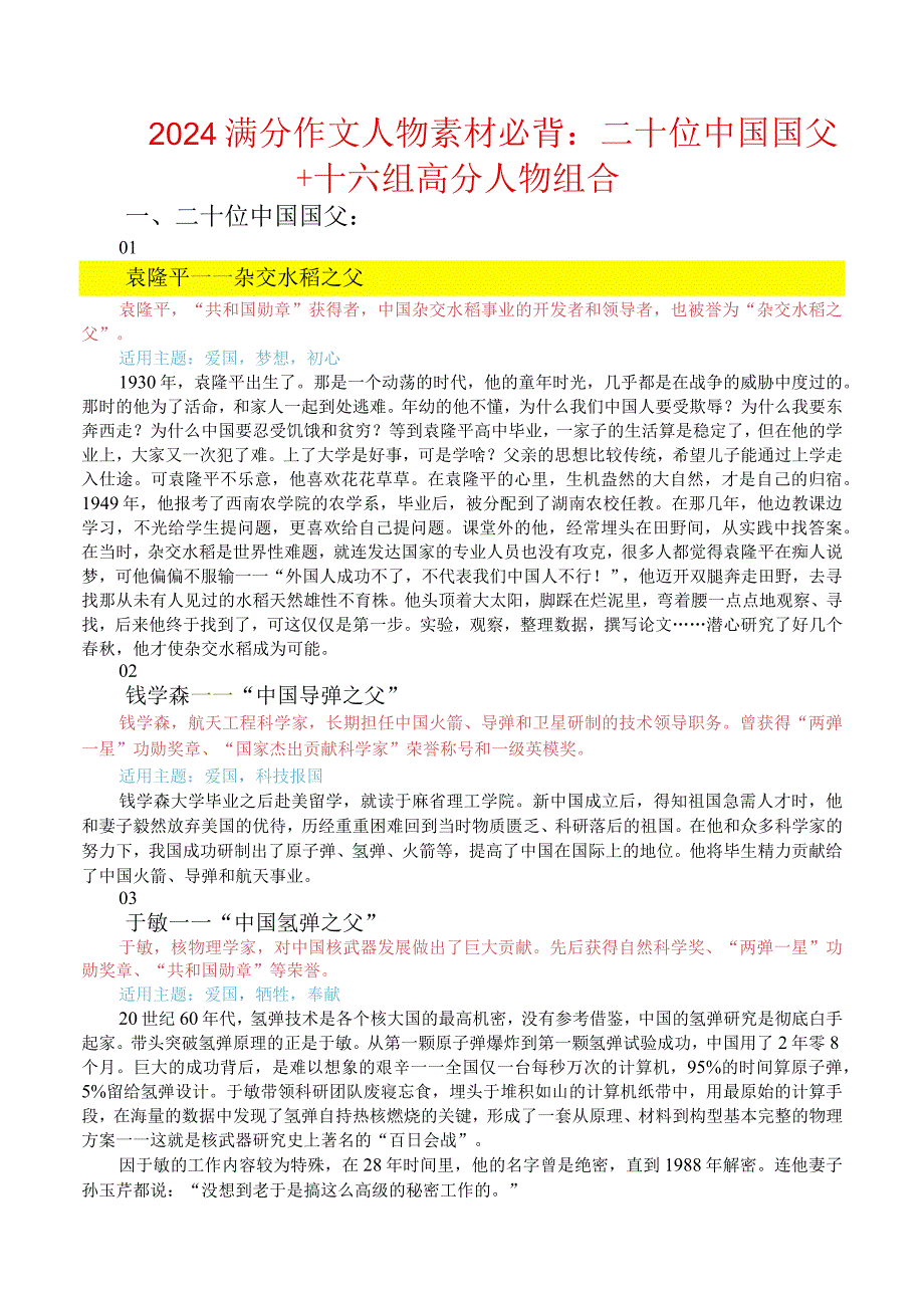 2024满分作文人物素材必背：二十位中国国父+十六组高分人物组合.docx_第1页