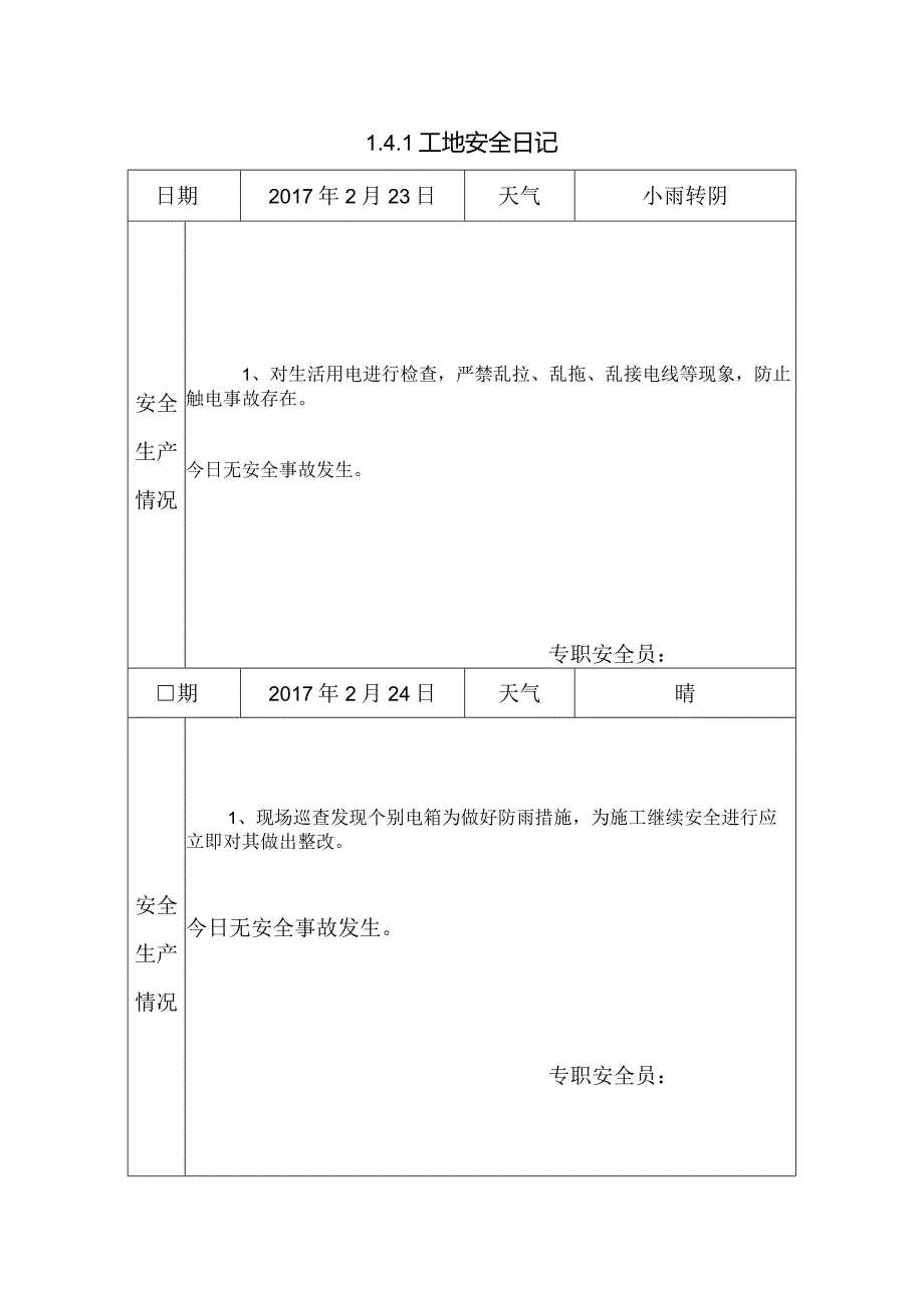 [施工资料]工地安全日记(24).docx_第1页