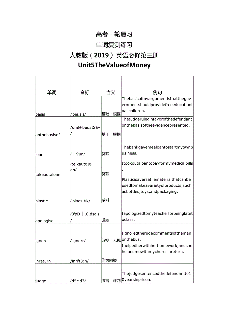 人教版（2019）必修第三册Unit5TheValueofMoney一轮复习单词复测练习.docx_第1页