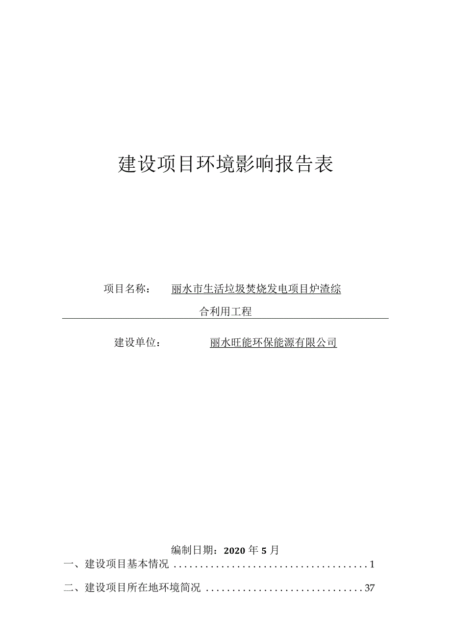 丽水市生活垃圾焚烧发电项目炉渣综合利用工程环境影响报告表.docx_第1页