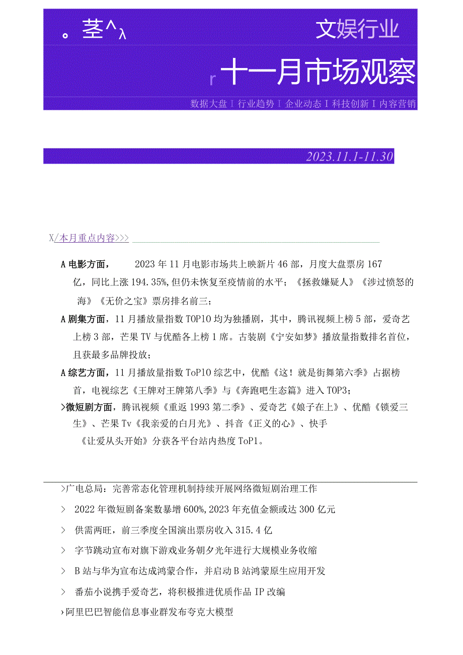 2023年11月文娱行业市场观察_市场营销策划_重点报告202301202_doc.docx_第1页