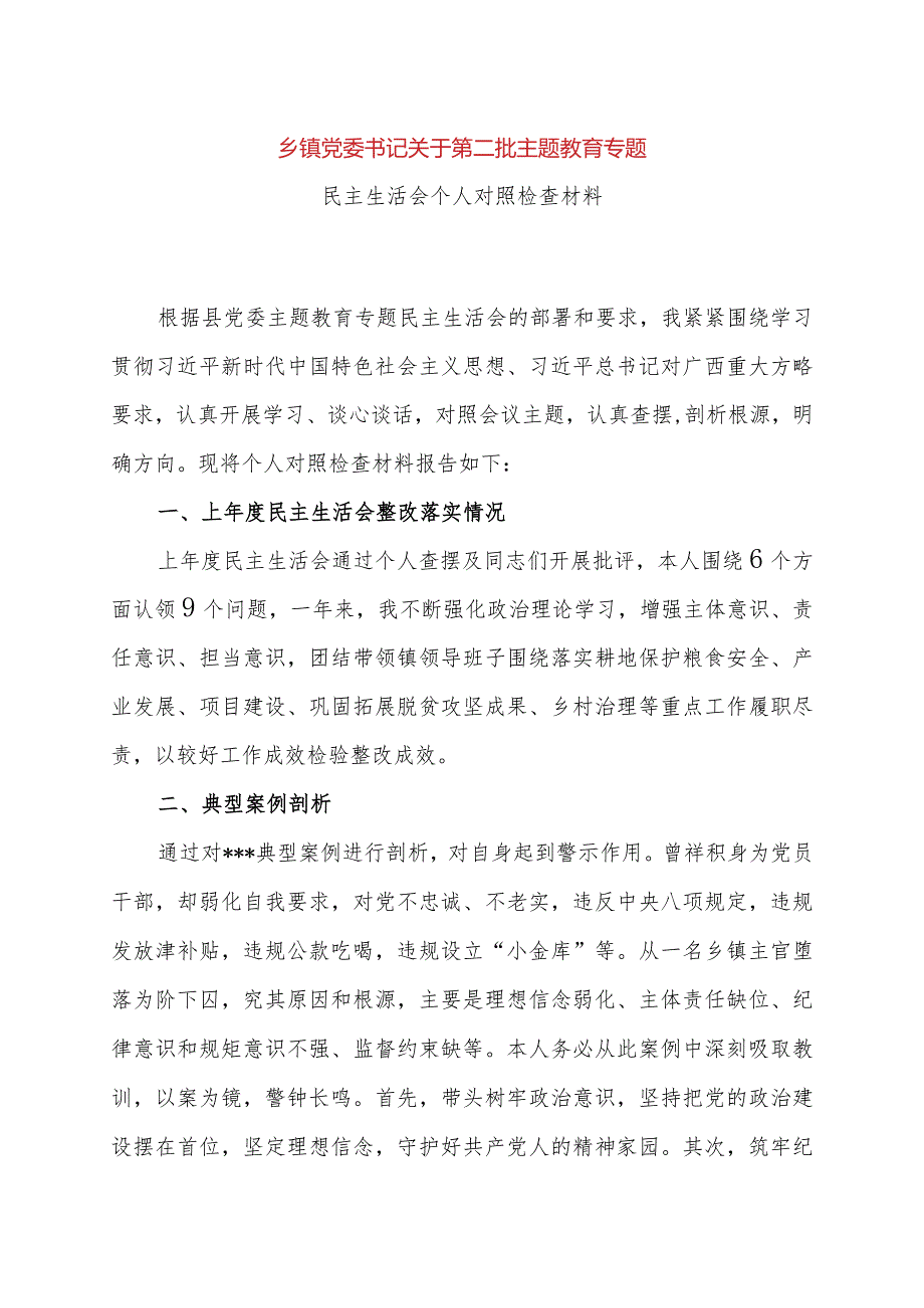 乡镇党委书记关于第二批主题教育专题民主生活会个人对照检查材料.docx_第1页