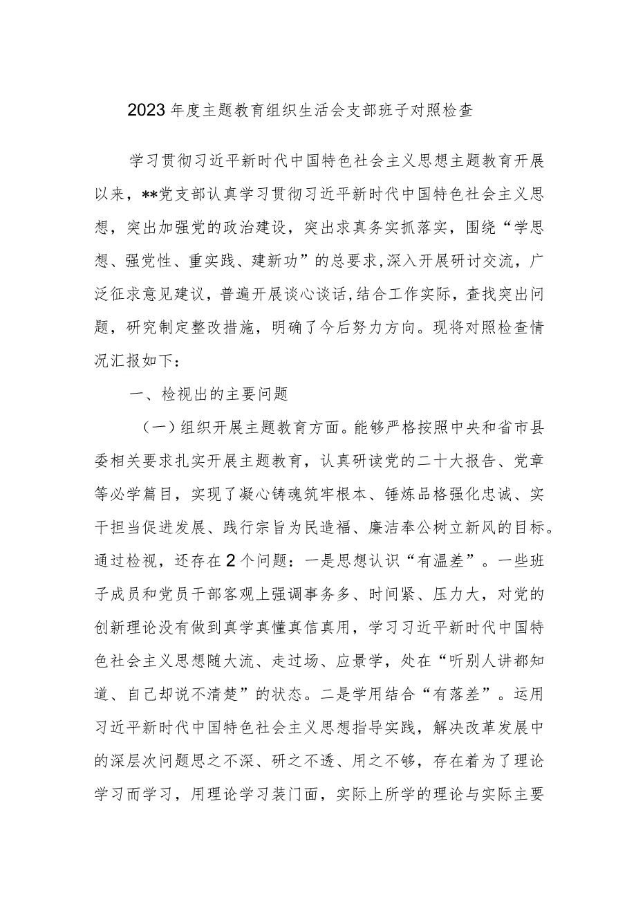 2023年度主题教育组织生活会支部班子对照检查.docx_第1页