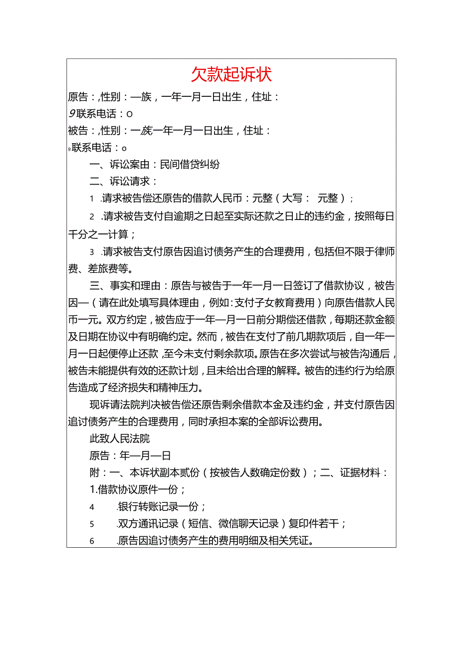 2024个人欠款起诉状（最新版）.docx_第1页