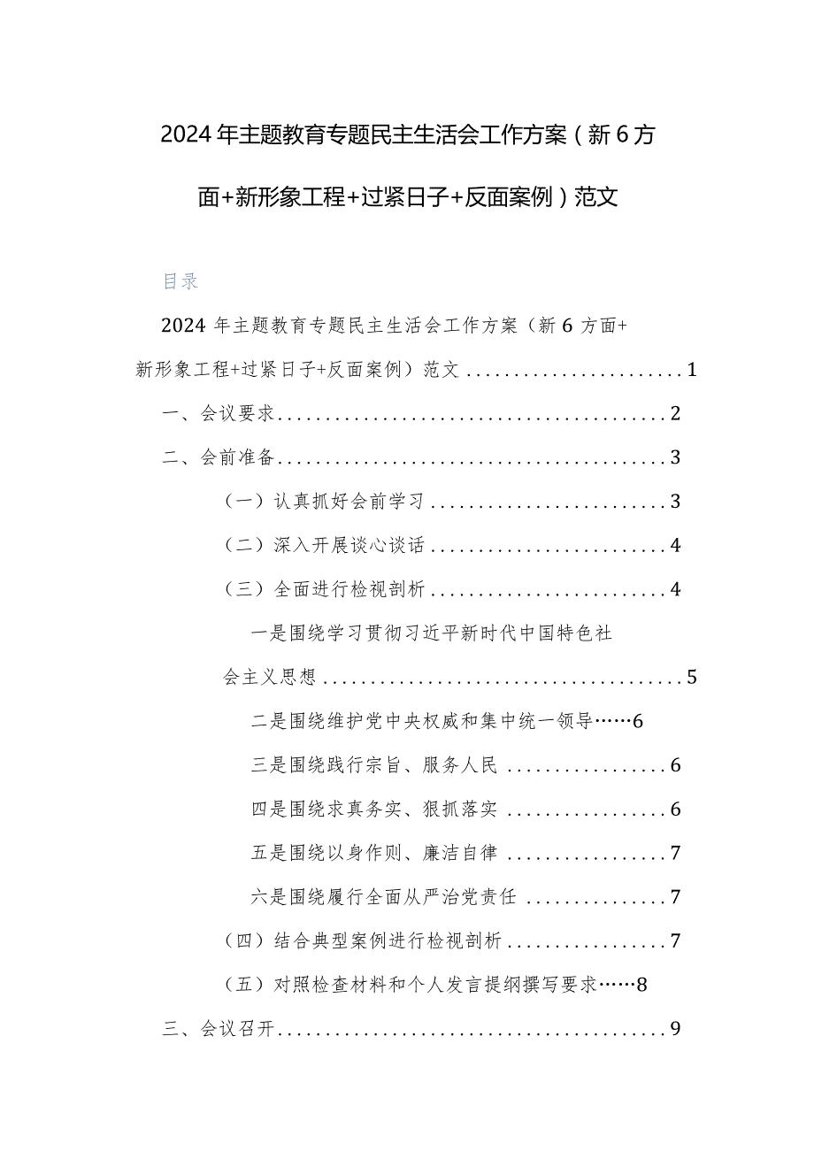 2024年主题教育专题民主生活会工作方案（新6方面+新形象工程+过紧日子+反面案例）范文.docx_第1页