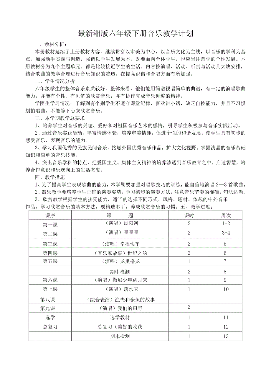 2017年2月湘版六年级下册音乐计划全册教案.docx_第1页