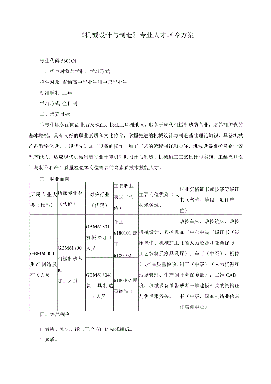 《机械设计与制造》专业人才培养方案.docx_第1页