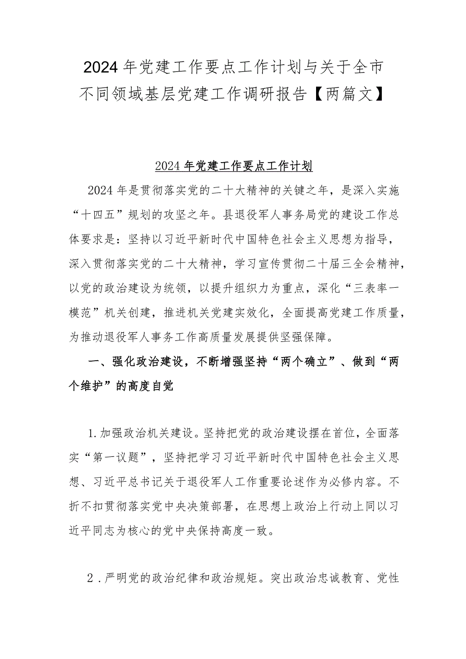 2024年党建工作要点工作计划与关于全市不同领域基层党建工作调研报告【两篇文】.docx_第1页
