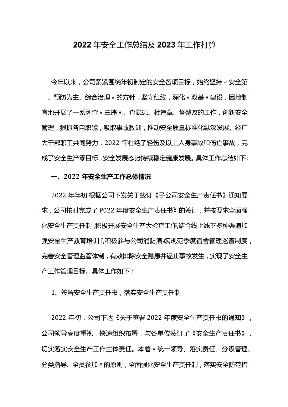 2022年安全工作总结及2023年工作计划.docx_第1页