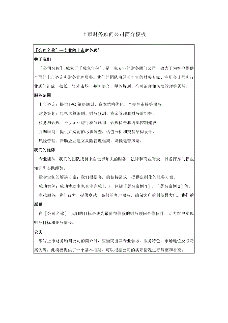 上市财务顾问公司简介模板.docx_第1页