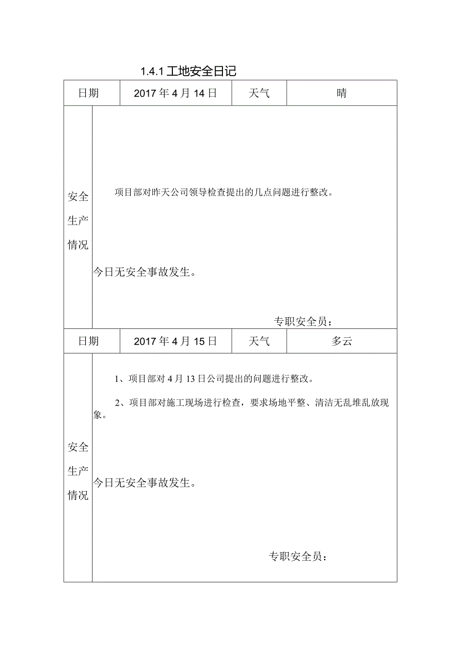 [施工资料]工地安全日记(50).docx_第1页