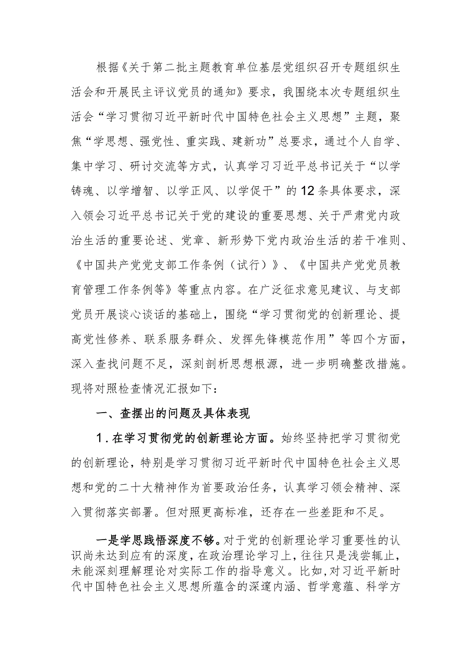 党支部党员干部2023年度教育专题组织生活个人检查材料发言提纲班子六个方面.docx_第1页