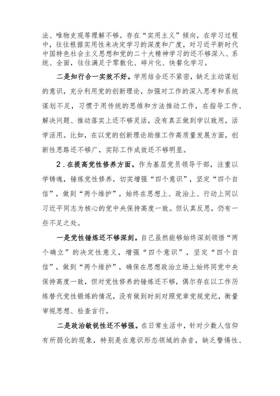 党支部党员干部2023年度教育专题组织生活个人检查材料发言提纲班子六个方面.docx_第2页