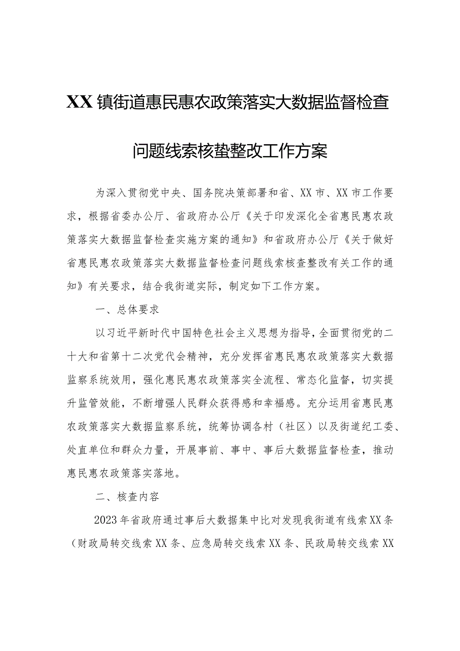 XX镇街道惠民惠农政策落实大数据监督检查问题线索核查整改工作方案.docx_第1页