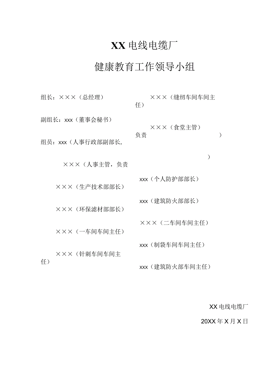 XX电线电缆厂健康教育工作领导小组（2024年）.docx_第1页