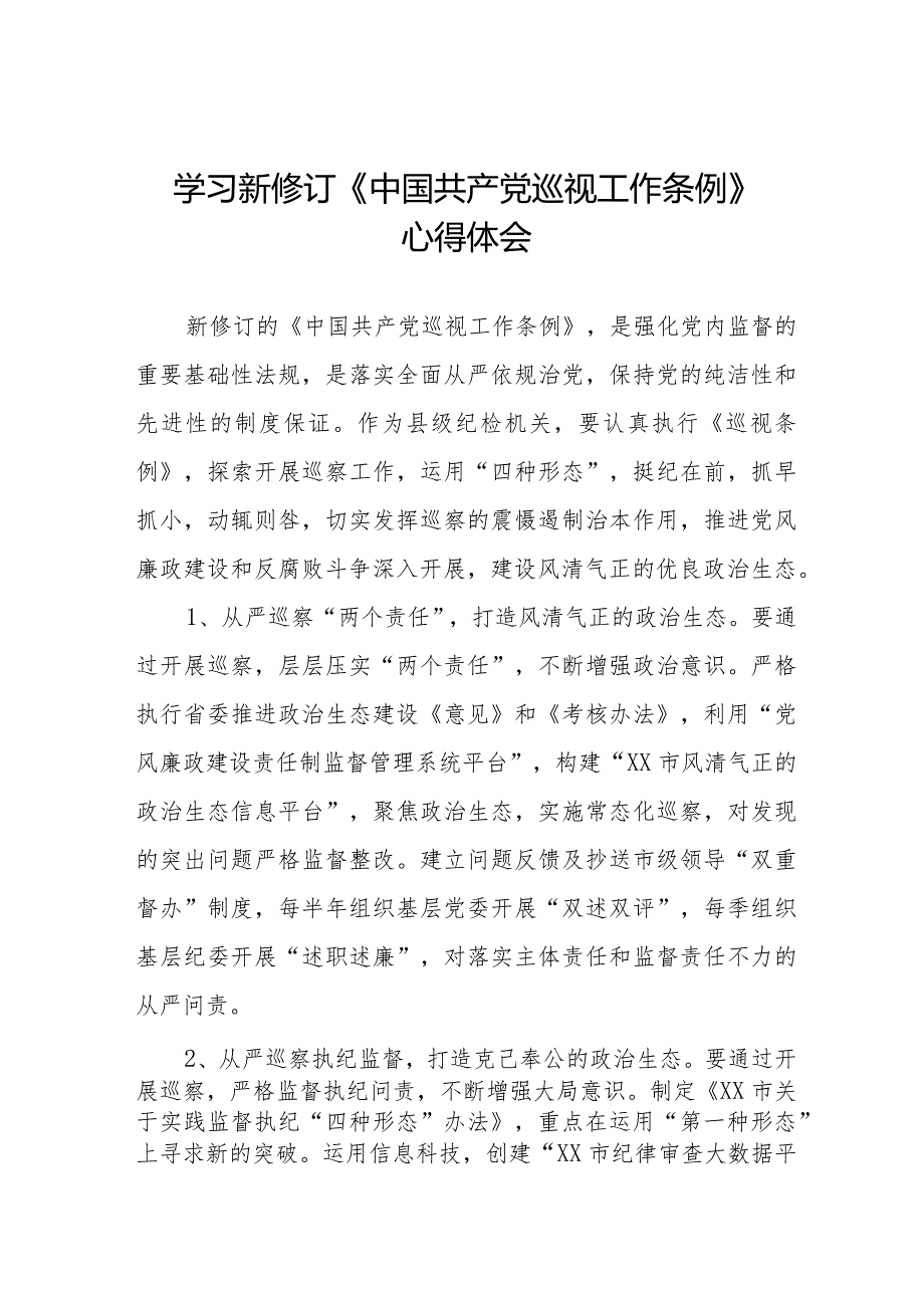 学习贯彻2024新修订中国共产党巡视工作条例心得体会研讨发言材料5篇.docx_第1页