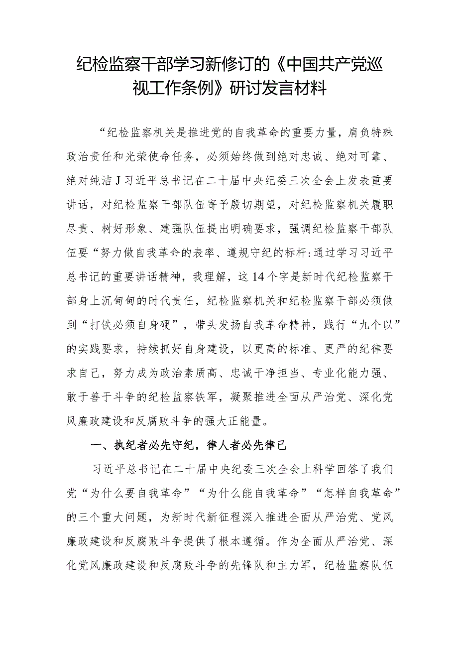 2024纪检监察干部学习新修订的《中国共产党巡视工作条例》研讨发言材料和书记在新年度纪检监察专题工作会议上的讲话.docx_第2页