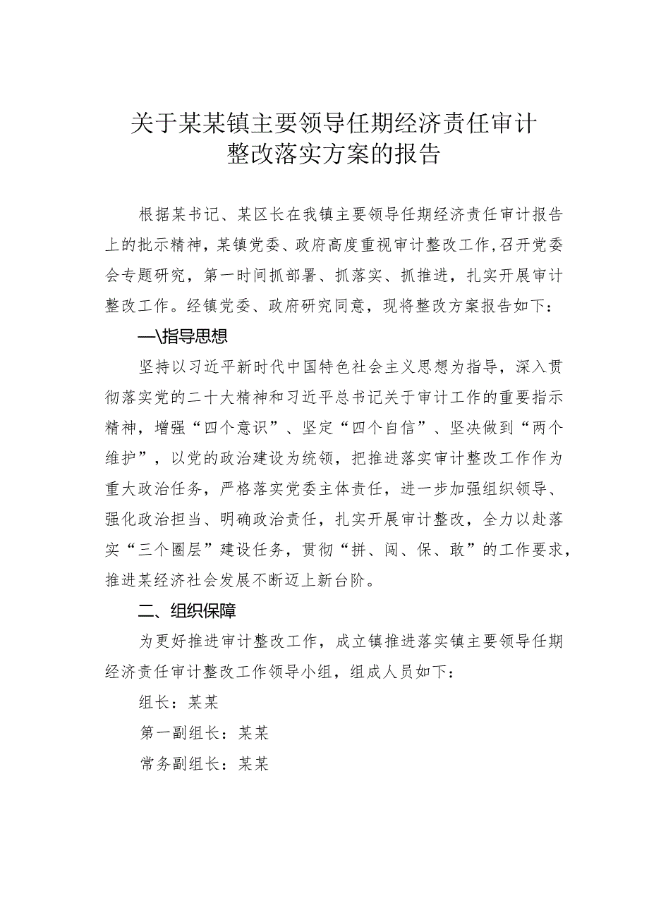 关于某某镇主要领导任期经济责任审计整改落实方案的报告.docx_第1页