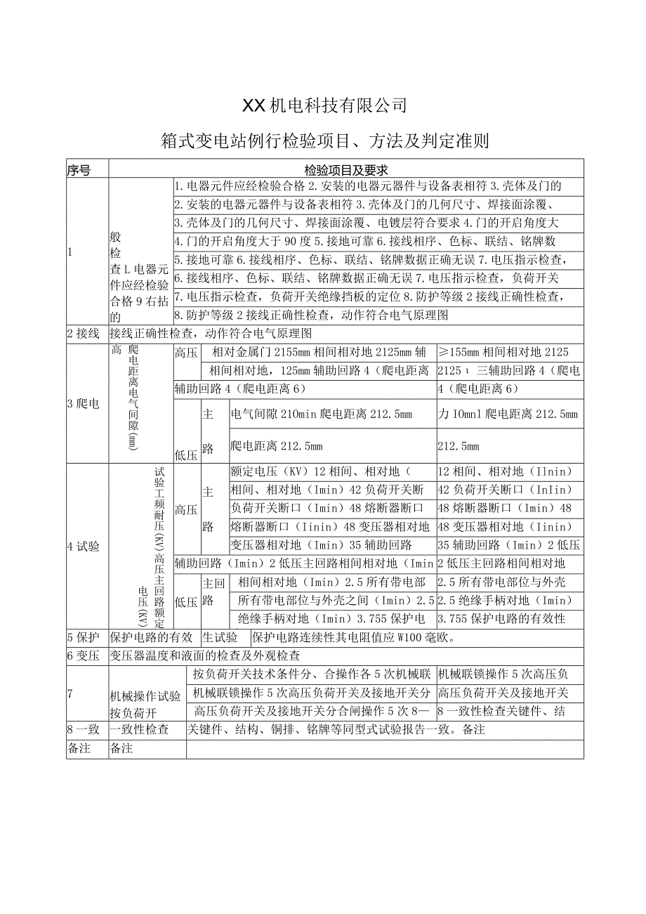 XX机电科技有限公司箱式变电站例行检验项目、方法及判定准则（2024年）.docx_第1页