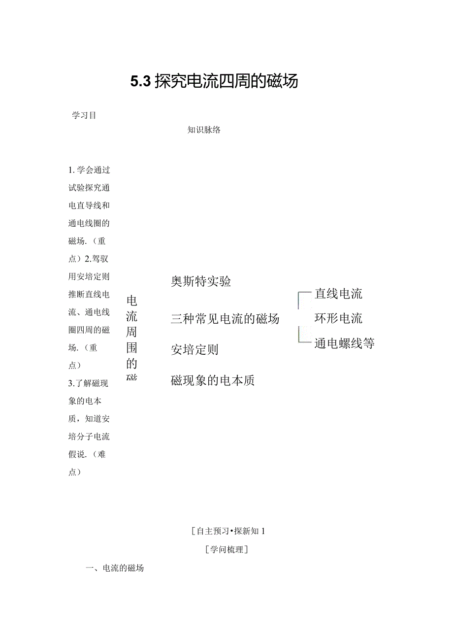 2024-2025学年沪科选修3-1 5.3 探究电流周围的磁场 学案.docx_第1页