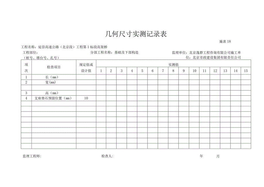 盖梁混凝土几何尺寸实测记录表.docx_第1页