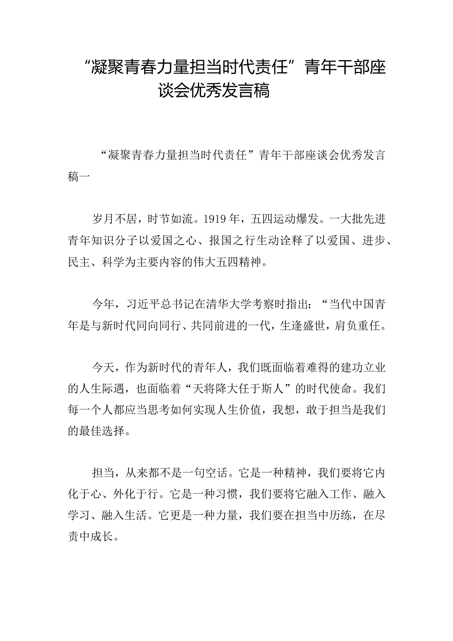 “凝聚青春力量 担当时代责任” 青年干部座谈会优秀发言稿.docx_第1页