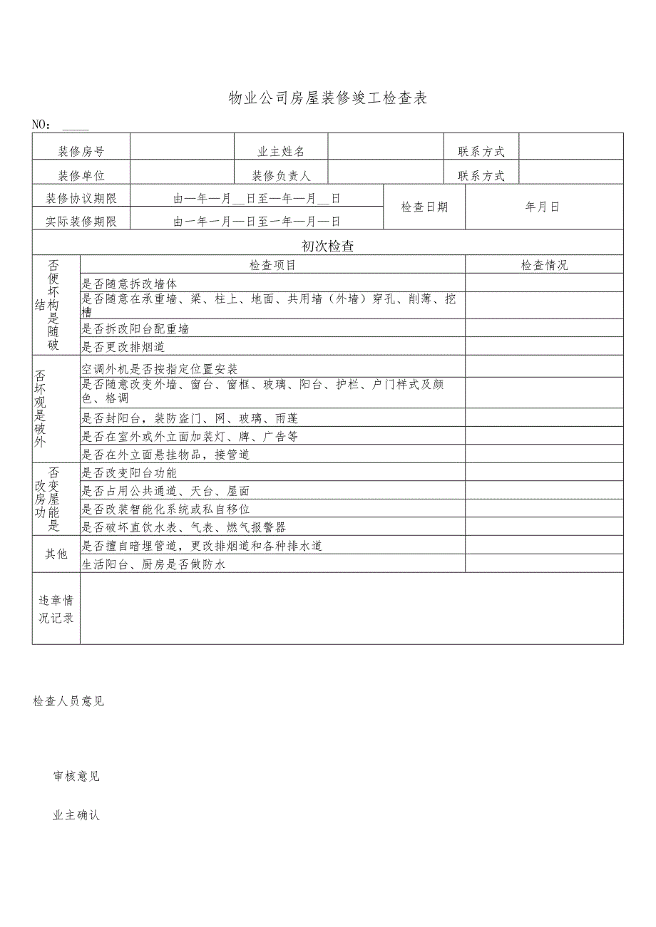 物业公司房屋装修竣工检查表.docx_第1页