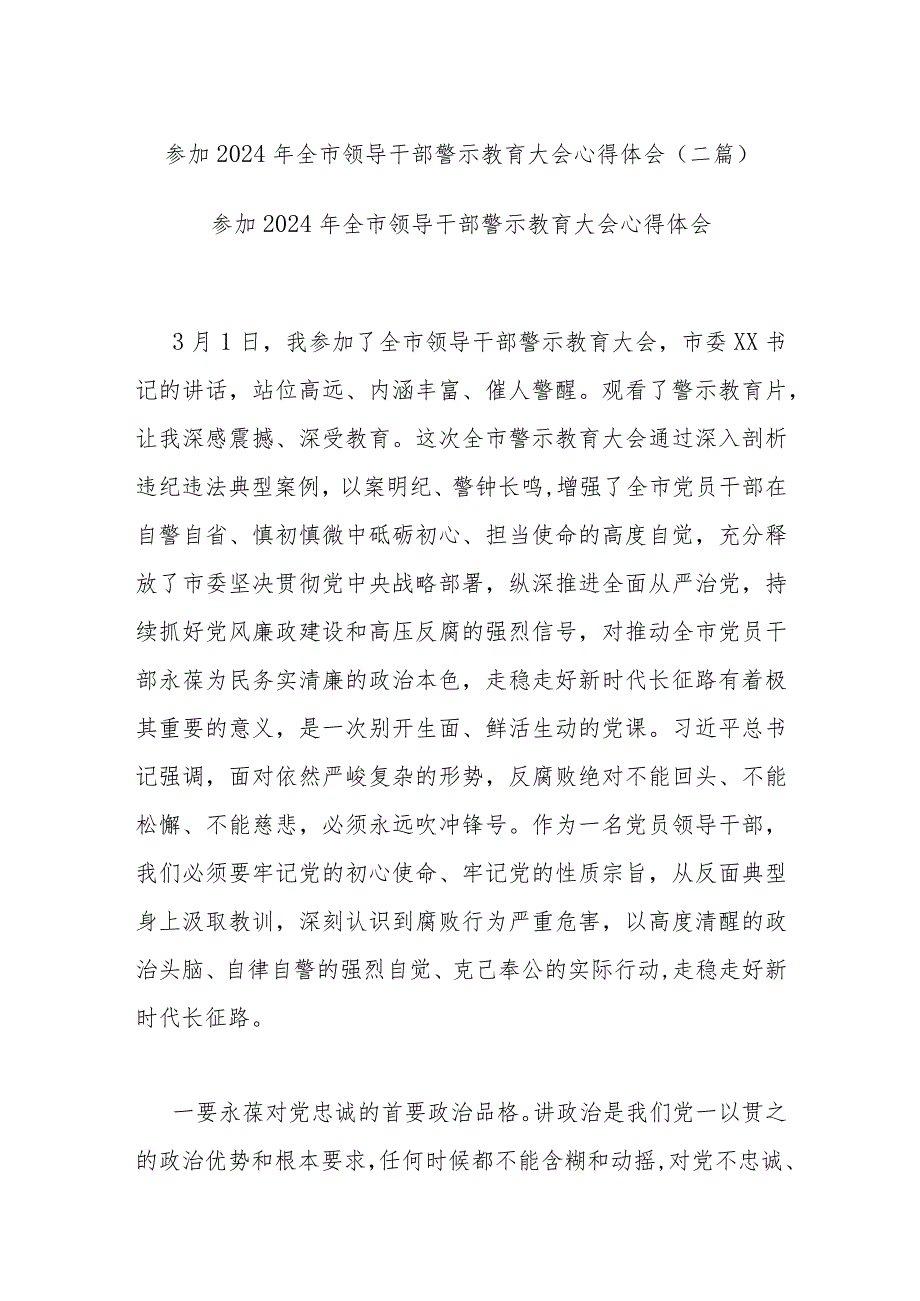 参加2024年全市领导干部警示教育大会心得体会(二篇).docx_第1页