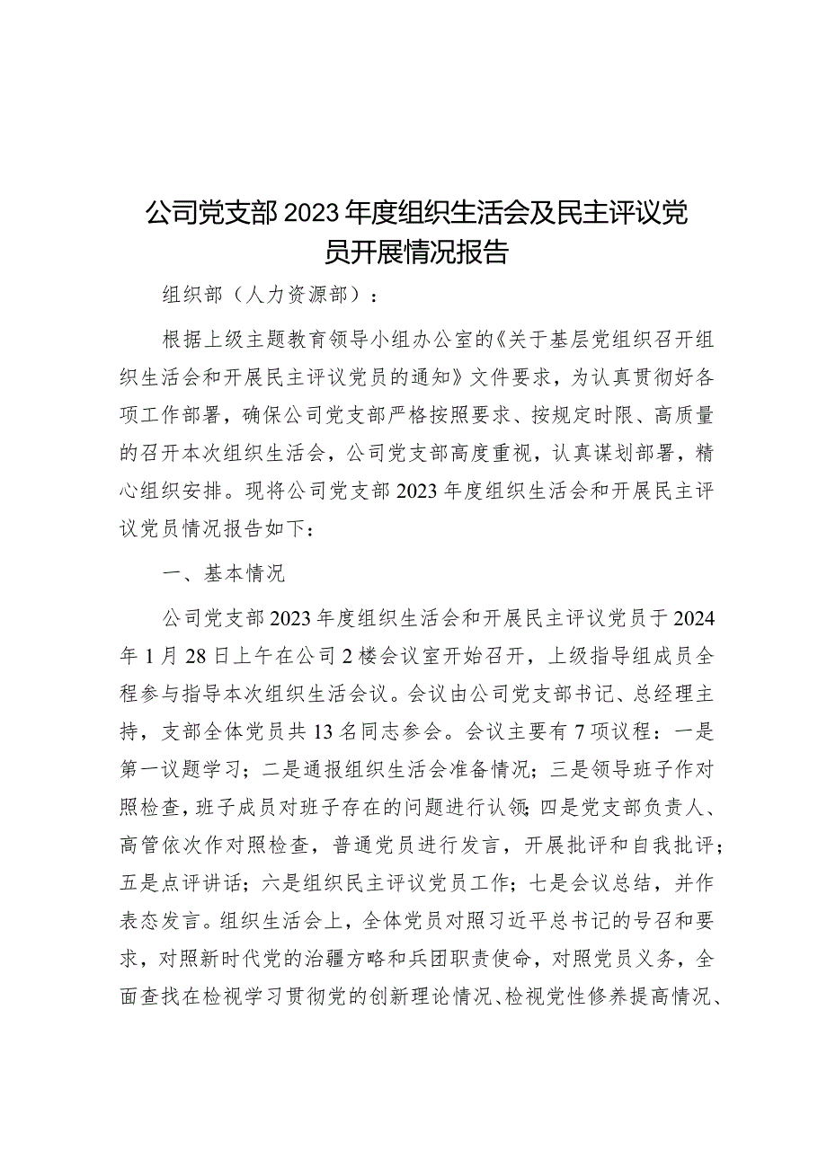 公司党支部2023年度组织生活会及民主评议党员开展情况报告&局述职述德述廉报告.docx_第1页