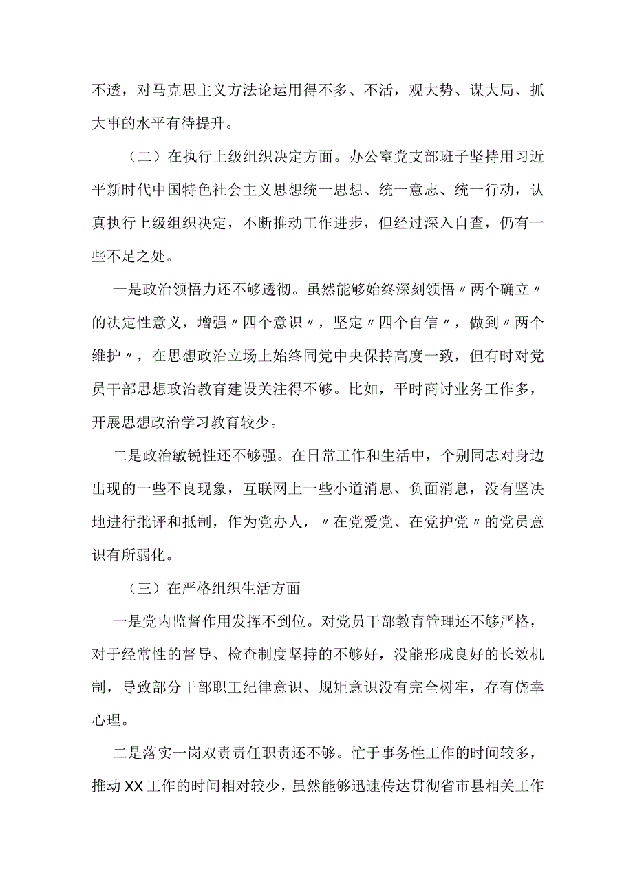 党支部班子对照（执行上级组织决定、严格组织生活、加强党员教育管理监督、联系服务群众、）等6个方面存在的问题及不足对照检查材料范文2篇.docx_第3页