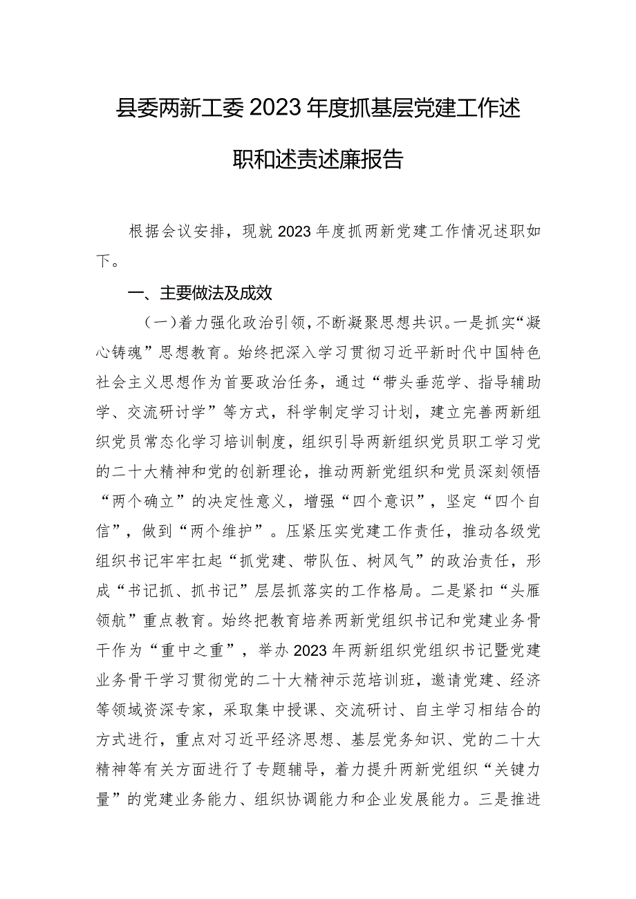 县委两新工委2023年度抓基层党建工作述职和述责述廉报告.docx_第1页