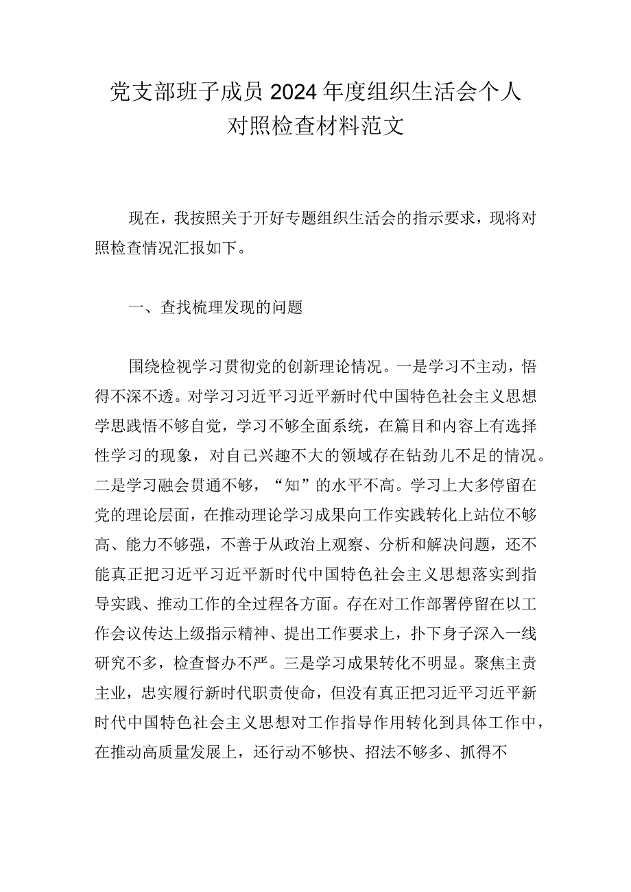 党支部班子成员2024年度组织生活会个人对照检查材料范文.docx_第1页