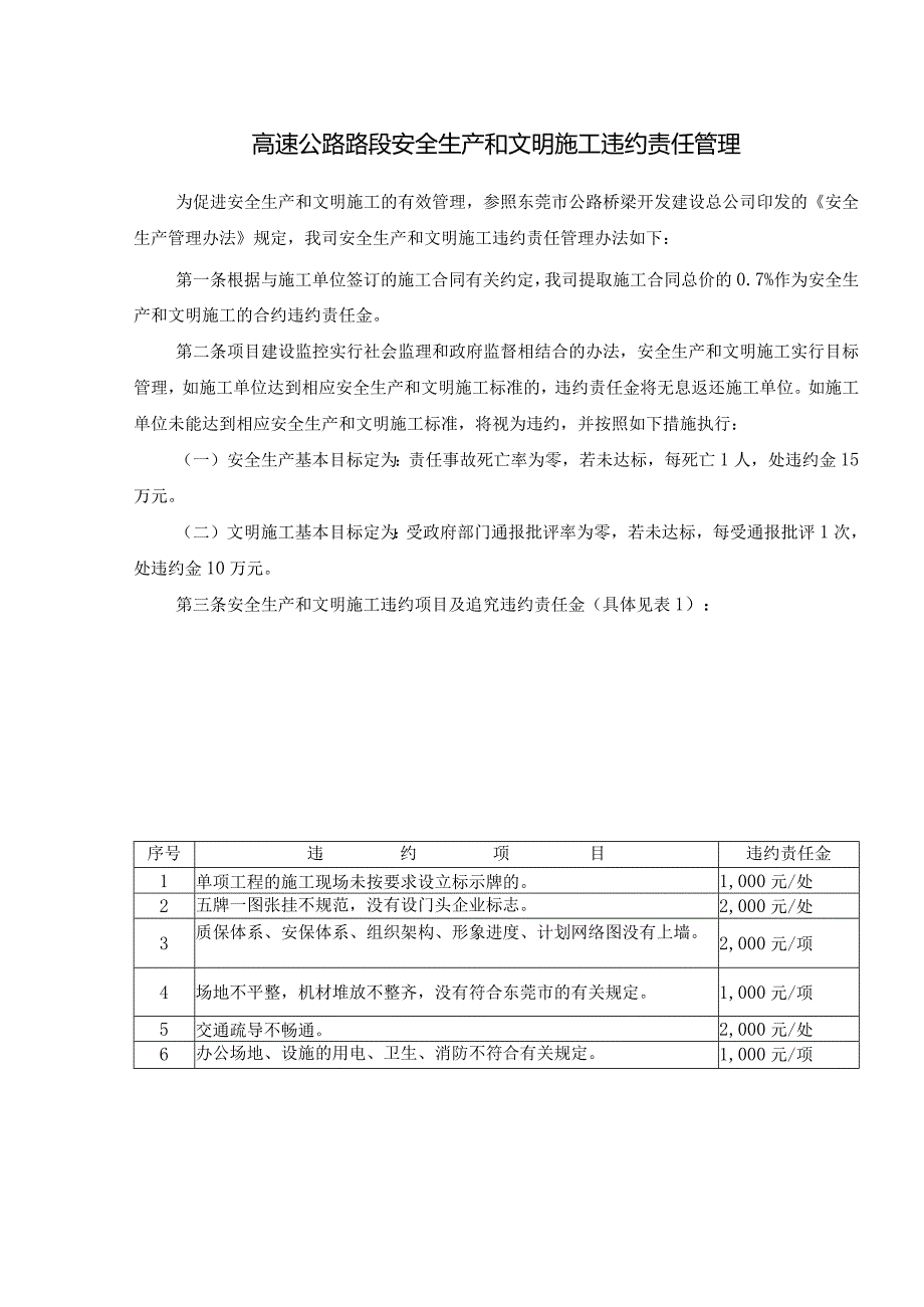 高速公路路段安全生产和文明施工违约责任管理.docx_第1页