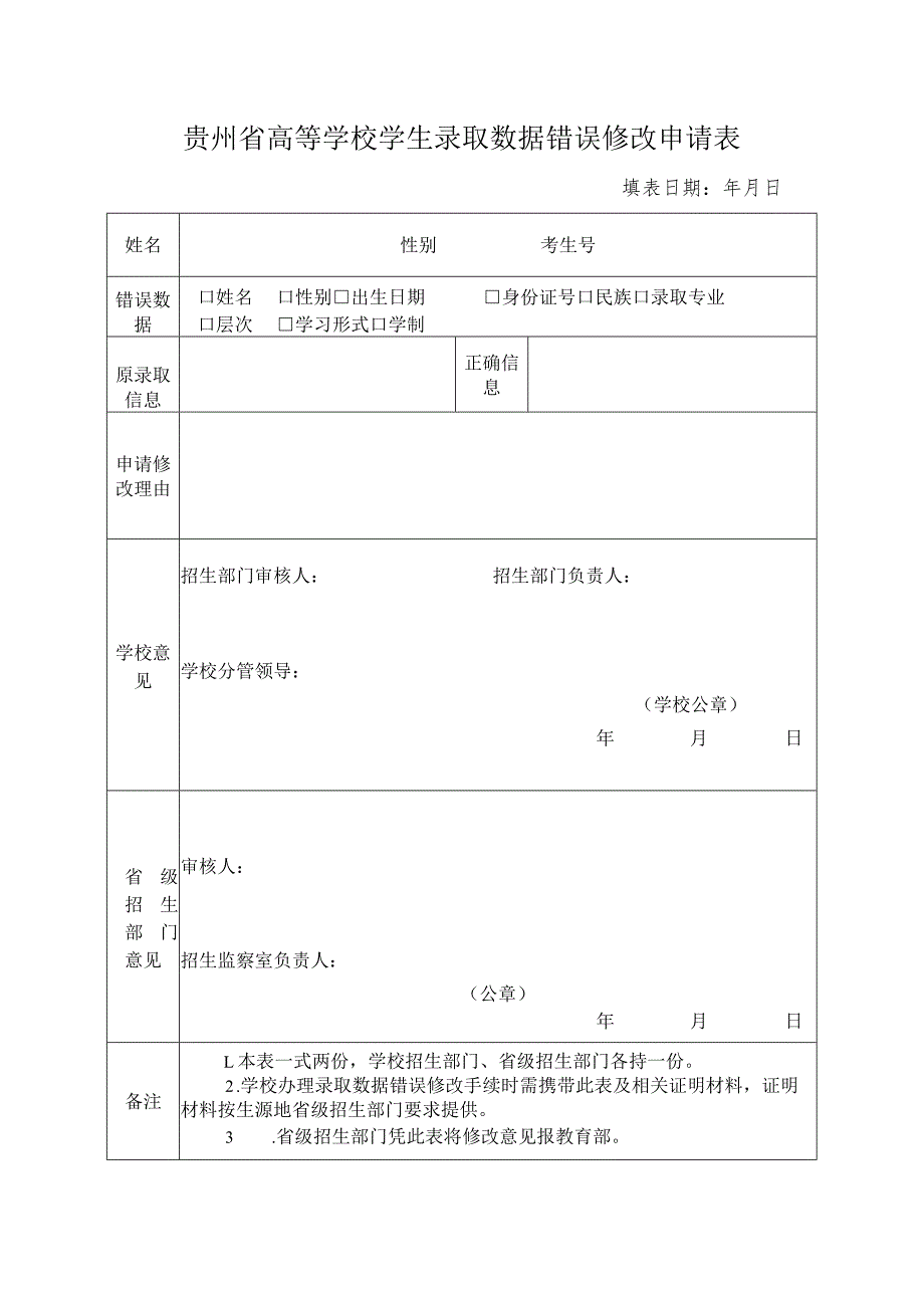 贵州省高等学校学生录取数据错误修改申请表.docx_第1页