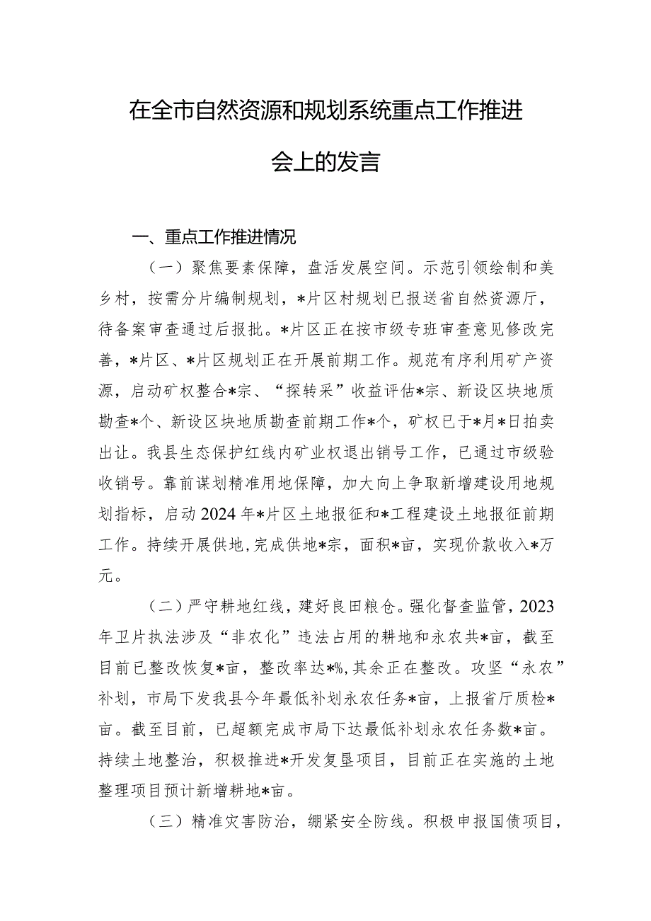 在全市自然资源和规划系统重点工作推进会上的发言.docx_第1页