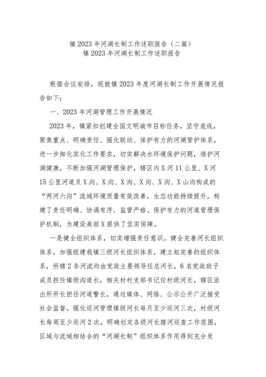 镇2023年河湖长制工作述职报告(二篇).docx_第1页