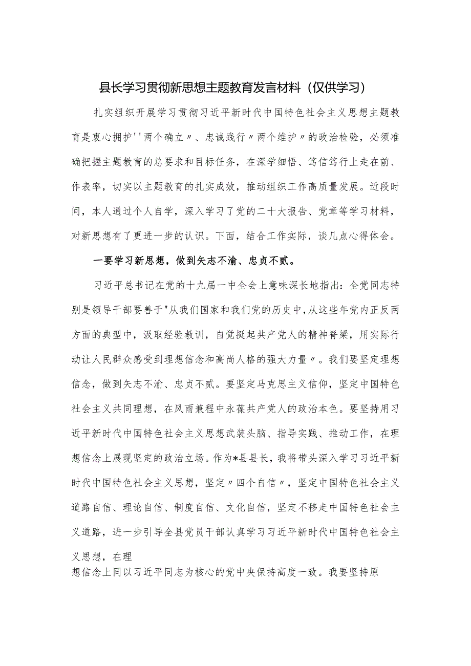 县长学习贯彻新思想主题教育发言材料.docx_第1页