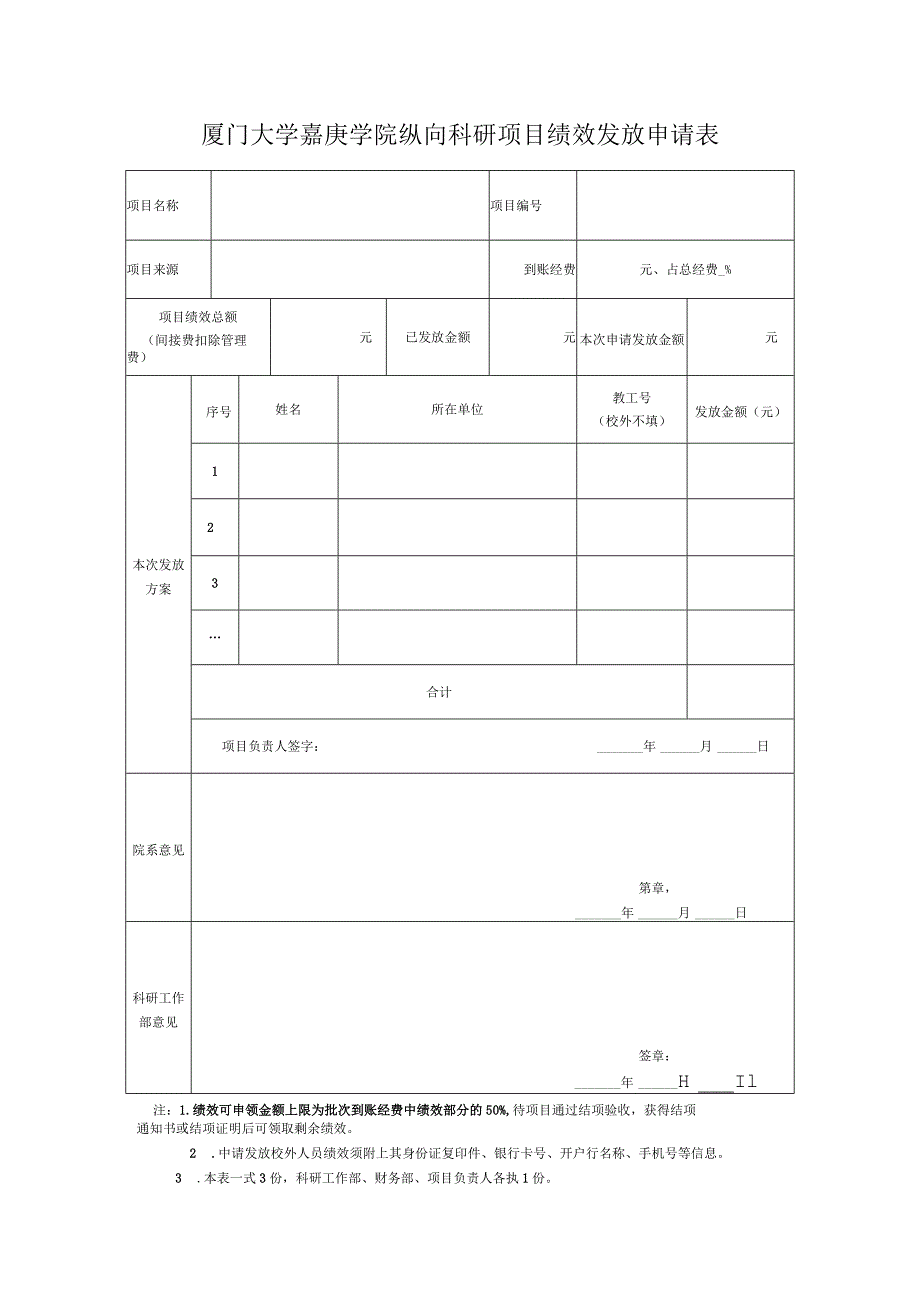 厦门大学嘉庚学院纵向科研项目绩效发放申请表.docx_第1页