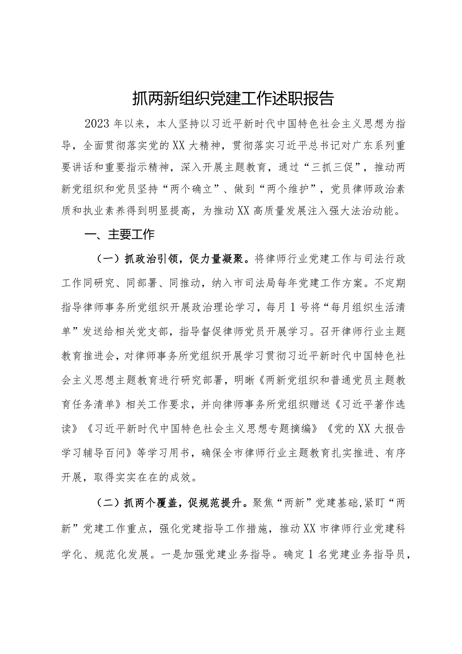 市司法局2023年抓两新组织党建工作述职报告.docx_第1页